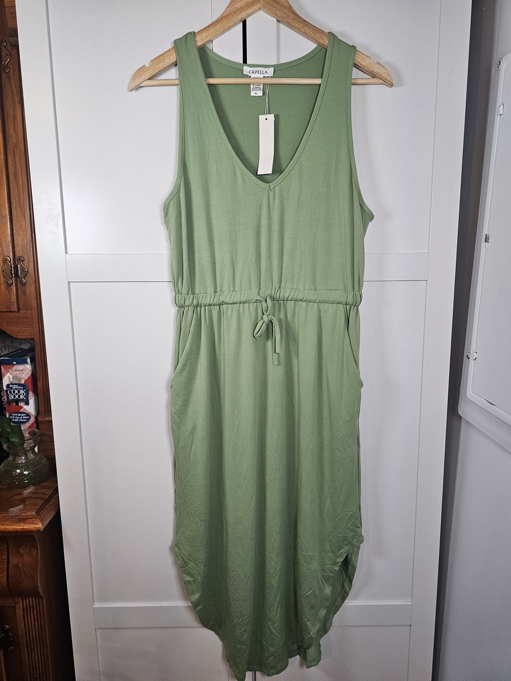 NWT Capella Sage Green Drawstring Sleeveless Midi Dress Pockets Size L Drapey